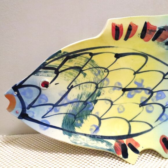 Ceramic Centerpiece Bowl Fish Handmade Signed Wall Plaque Hanging 19" x 10.7" - Picture 3 of 6